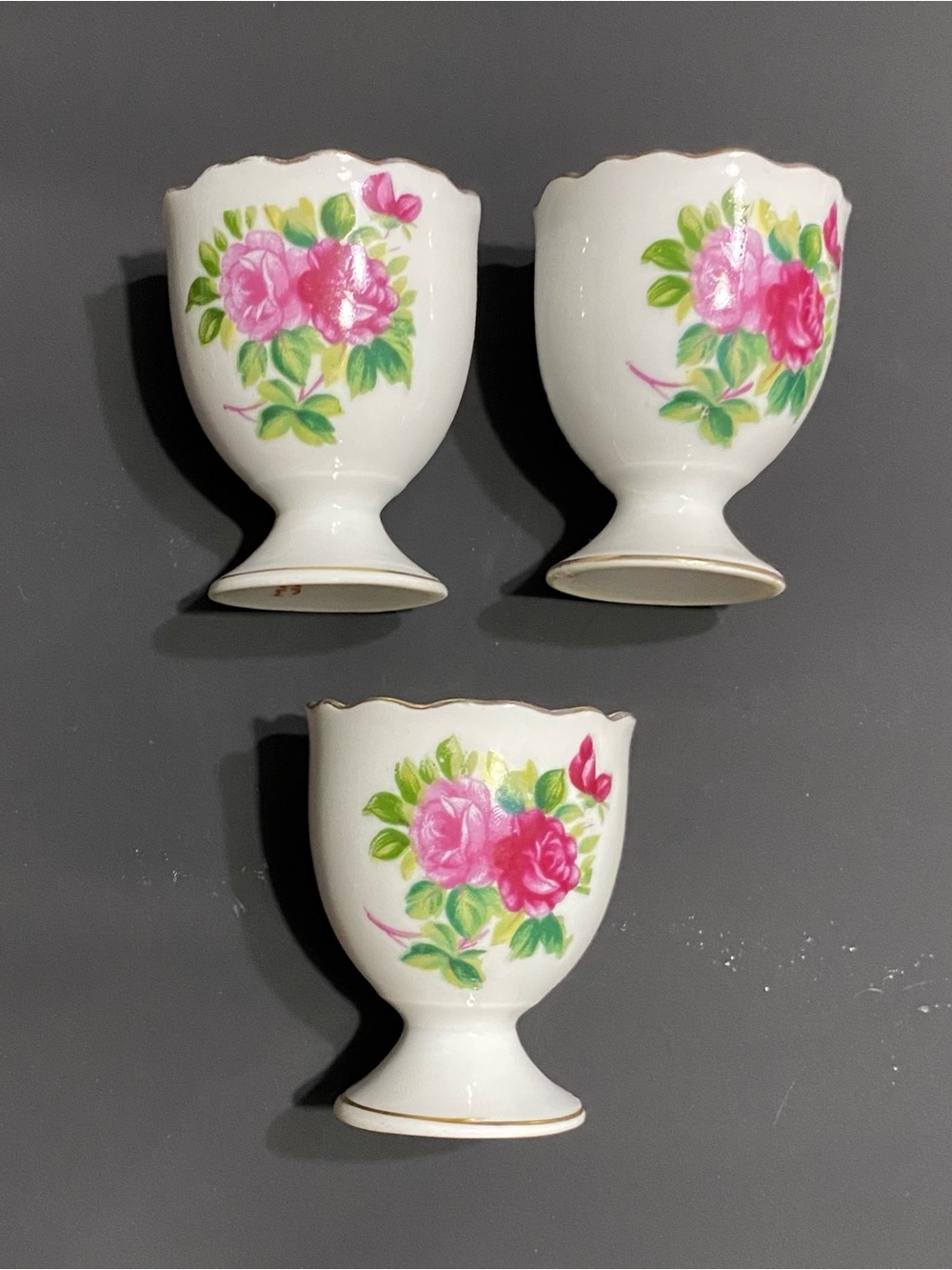 3 Vintage Egg Cups Porcelain white with Pink Roses Scalloped Gold Trim